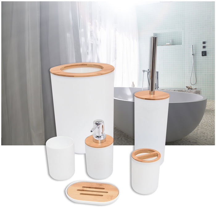 6-Piece Bamboo & Plastic Bathroom Set — Bin, Toilet Brush, Lotion Pump, Soap Box, Toothbrush Cup & Mouth Cup