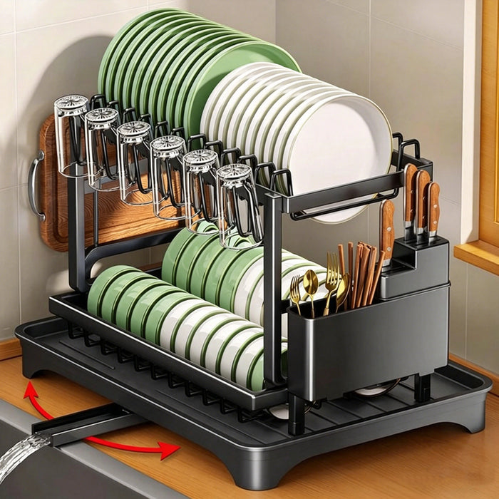 2-Tier Countertop Dish Drying Rack with Drainboard — Carbon Steel (42 x 30 x 29cm)