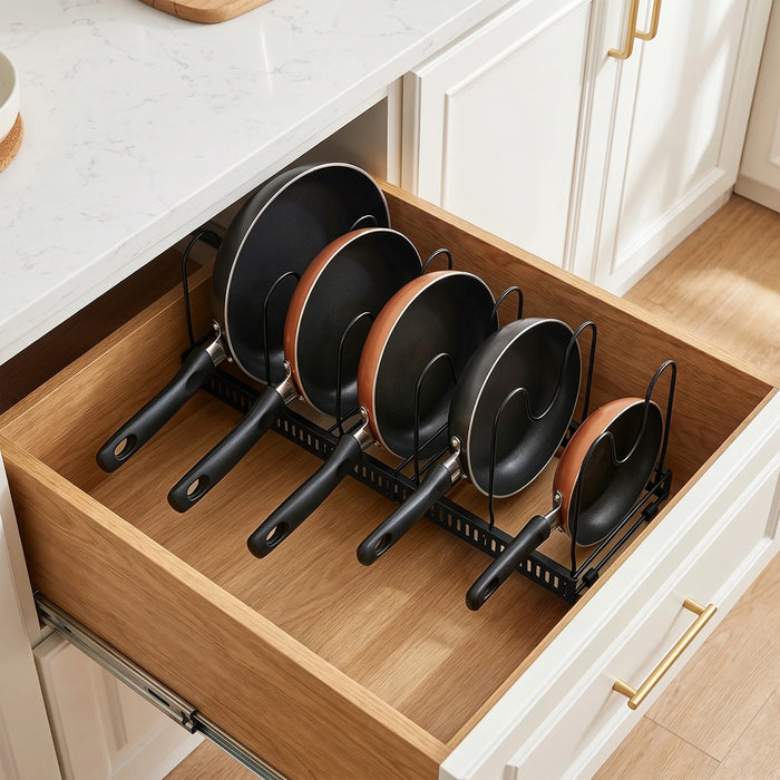 Expandable Pan & Lid Organiser Rack – 10 Adjustable Dividers, 2 Metal Frames