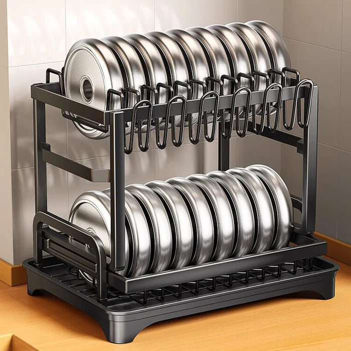 2-Tier Countertop Dish Drying Rack with Drainboard — Carbon Steel (42 x 30 x 29cm)