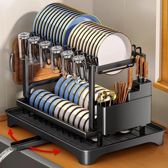 2-Tier Countertop Dish Drying Rack with Drainboard — Carbon Steel (42 x 30 x 29cm)