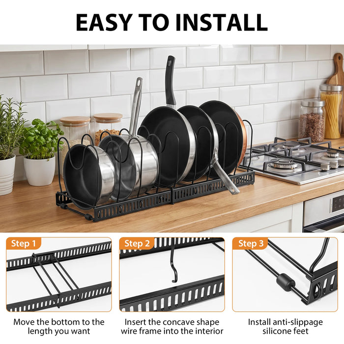 Expandable Pan & Lid Organiser Rack – 10 Adjustable Dividers, 2 Metal Frames