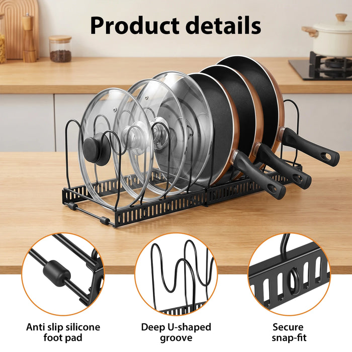 Expandable Pan & Lid Organiser Rack – 10 Adjustable Dividers, 2 Metal Frames