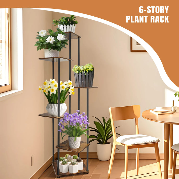 6-Tier Corner Plant Stand — Metal Frame with Wooden Shelves for Indoor & Outdoor