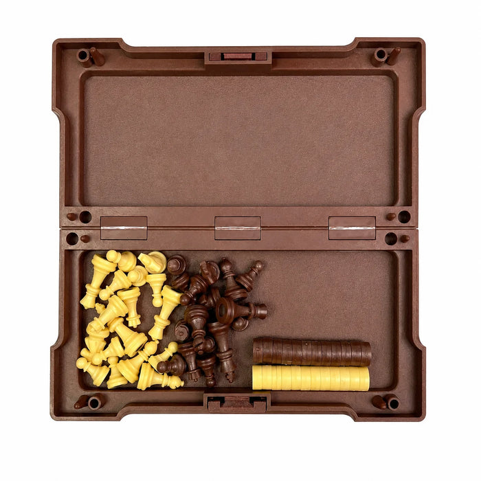 2-in-1 Folding Magnetic Chess & Checkers Set — 19x19cm Wood-grain Board with Carry Box