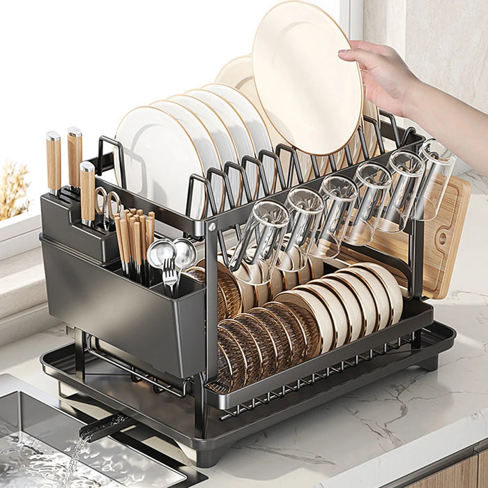2-Tier Countertop Dish Drying Rack with Drainboard — Carbon Steel (42 x 30 x 29cm)