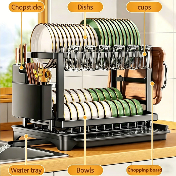 2-Tier Countertop Dish Drying Rack with Drainboard — Carbon Steel (42 x 30 x 29cm)