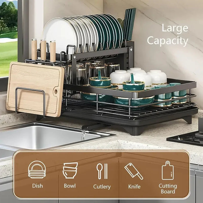 2-Tier Stainless Steel Dish Rack — Large Capacity with Cutting Board Holder & Drainboard