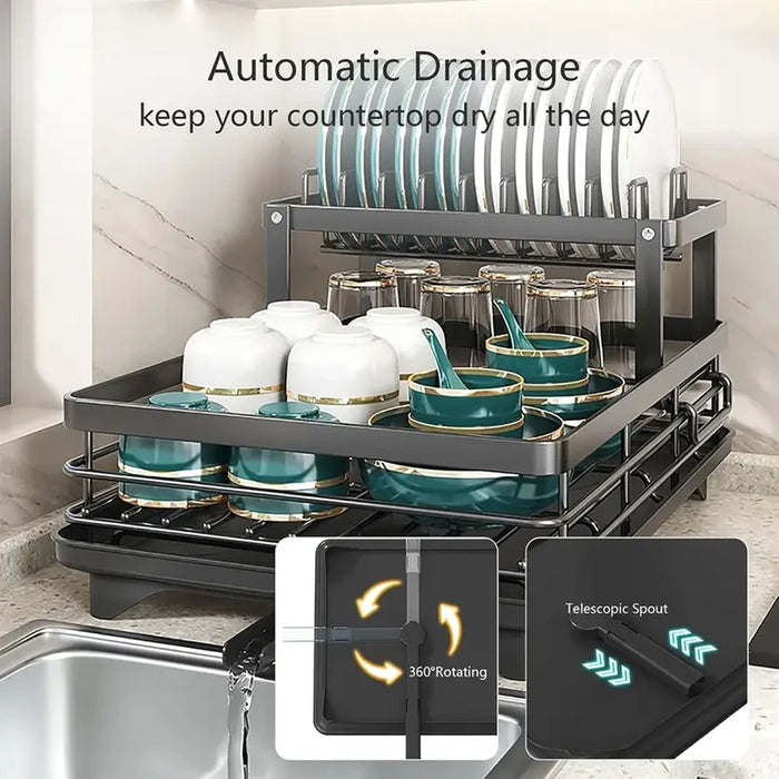 2-Tier Stainless Steel Dish Rack — Large Capacity with Cutting Board Holder & Drainboard