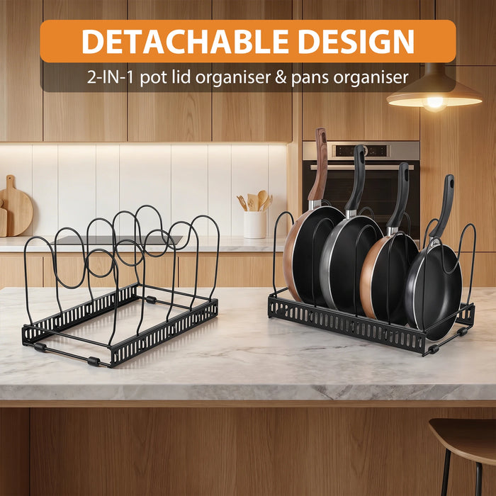 Expandable Pan Organiser Rack with 10 Adjustable Dividers — Pot Lid Holder for Kitchen Cupboards