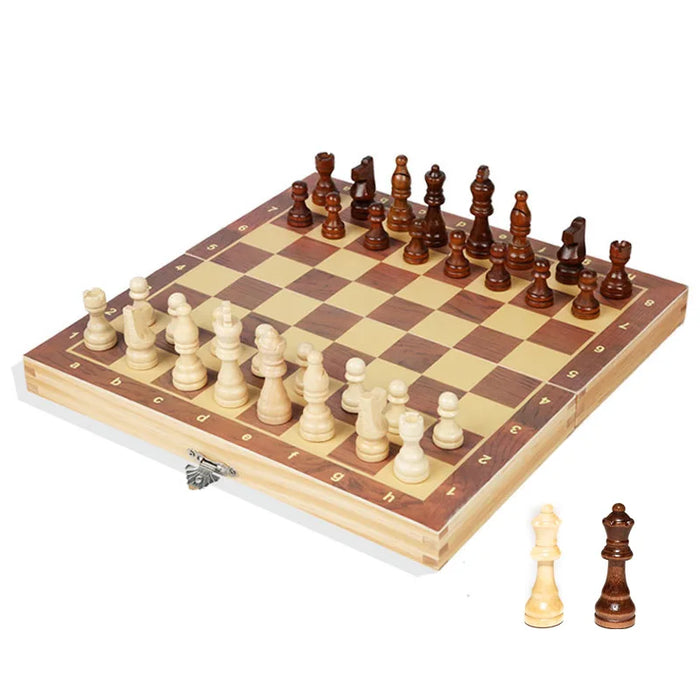 Magnetic Wooden Folding Chess Set with Felted 24 x 24 cm Board — 34 Pieces, Interior Storage