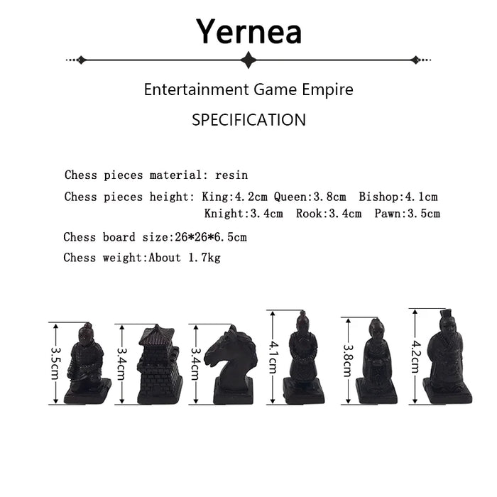 Retro Terracotta Warriors Chess Set — 26 cm Wooden Board with Resin Chessmen