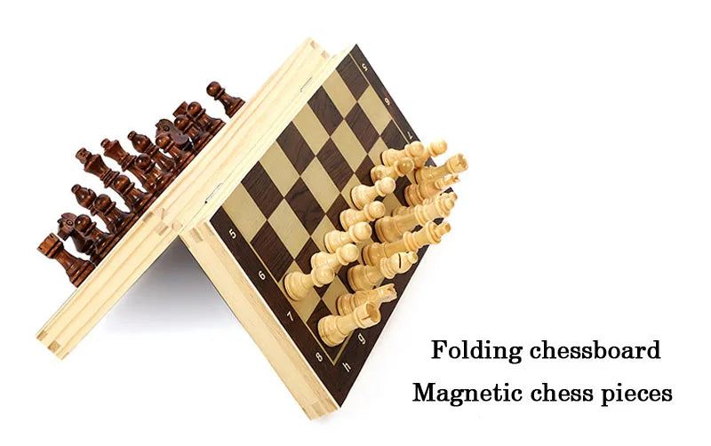 Magnetic Wooden Folding Chess Set with Felted 24 x 24 cm Board — 34 Pieces, Interior Storage