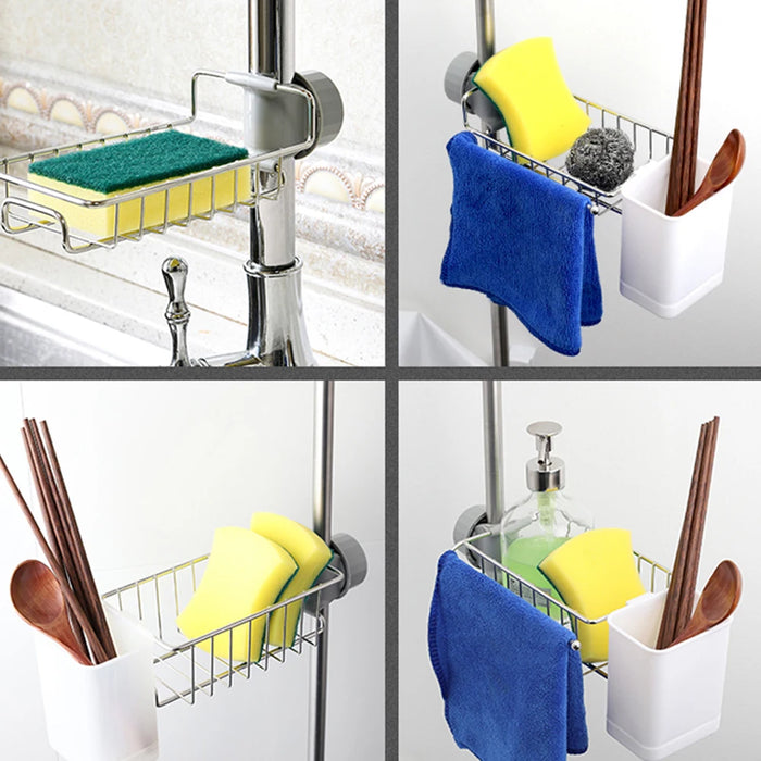 Stainless Steel Under-Tap Sponge Holder — Adjustable Kitchen & Bathroom Rack