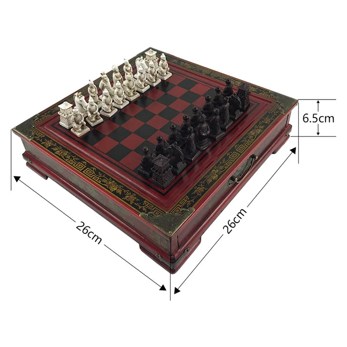Retro Terracotta Warriors Chess Set — 26 cm Wooden Board with Resin Chessmen