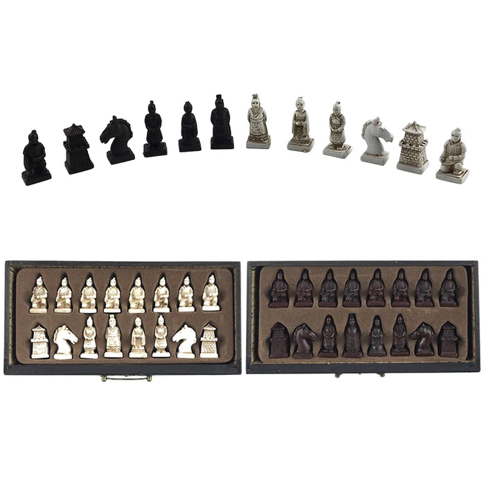 Retro Terracotta Warriors Chess Set – 26cm Wooden Board with Resin Pieces