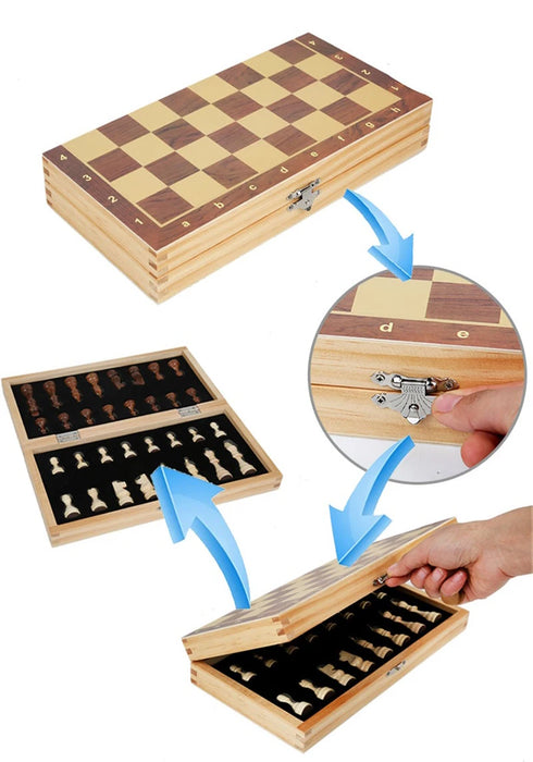 Magnetic Wooden Folding Chess Set with Felted 24 x 24 cm Board — 34 Pieces, Interior Storage