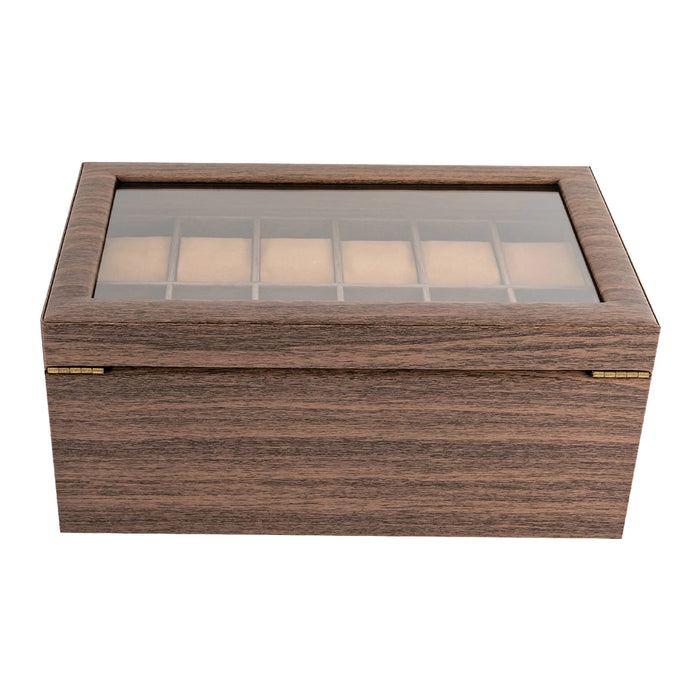 24-Slot Watch Box — Brown PU & Wood Display Case with Glass Lid