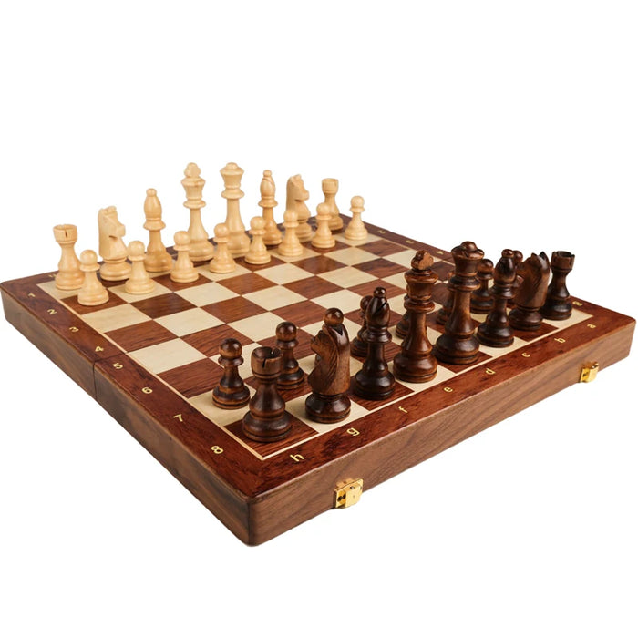 15" x 15" Folding Walnut Chess Set with Solid Wooden Pieces