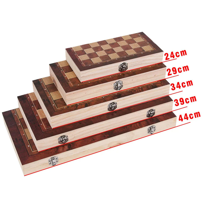 3-in-1 Wooden Travel Games Set – Chess, Checkers & Backgammon (Five Sizes)