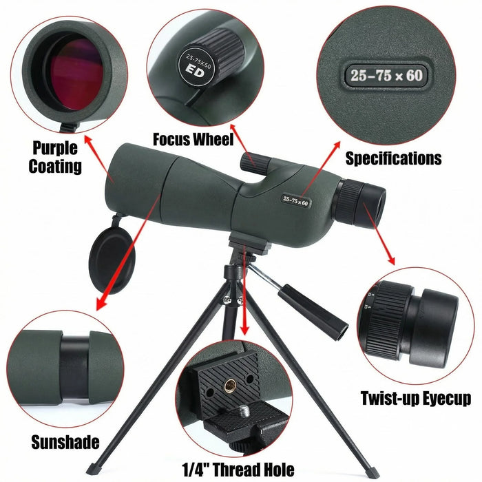 25–75x60 ED Zoom Monocular Telescope — BAK4 Prism, Waterproof & Fogproof