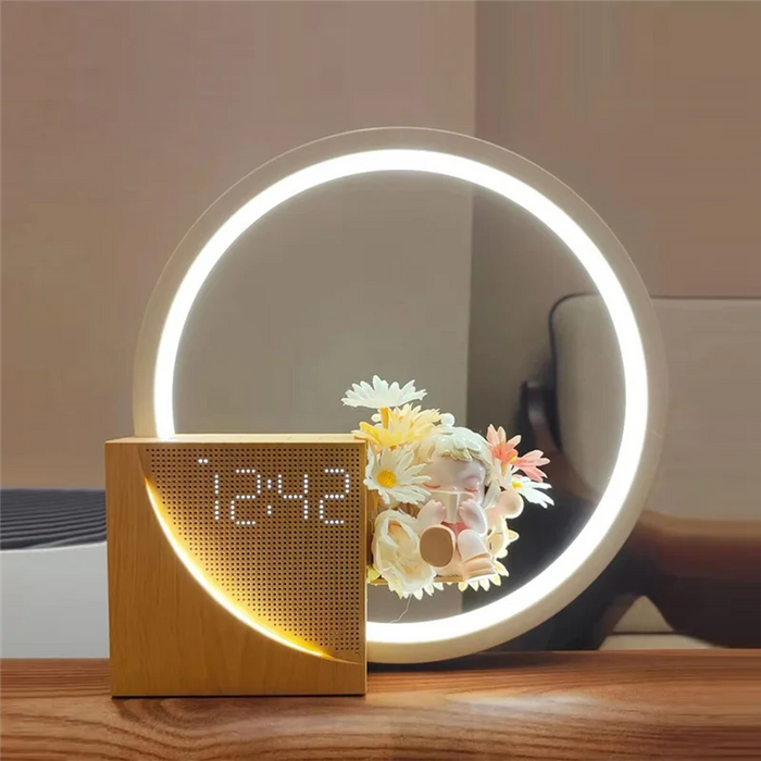Touch Alarm Clock Night Light — 3-Level Dimmable Table Lamp with White Noise (Wood Colour)