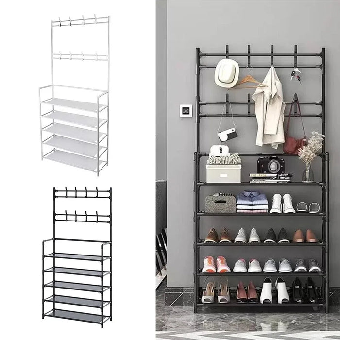 5-Tier Metal Coat Stand with Shoe Rack & 8 Hooks – Freestanding Hall Tree, Black