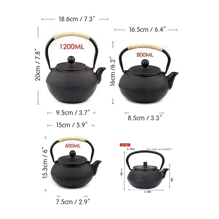 Cast Iron Teapot — Japanese-style Kettle 300/600/900/1200ml with 304 Steel Infuser