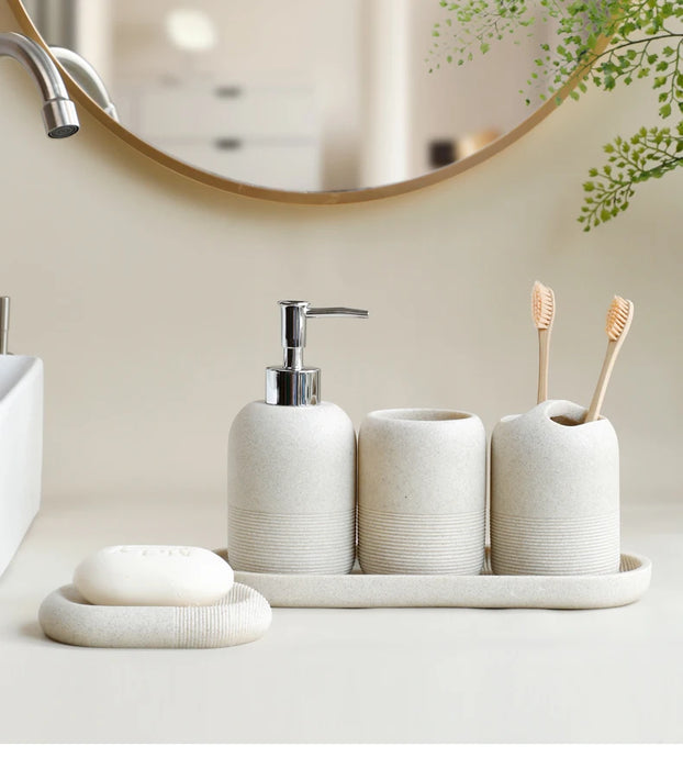 5-Piece Bathroom Accessory Set — Lotion Dispenser, Toothbrush Holder, Tumbler, Soap Dish & Tray (Beige or Grey)