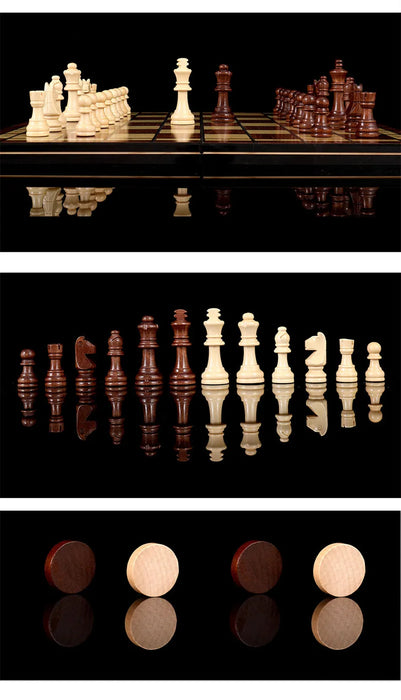 Retro 3-in-1 Wooden Chess Set — Foldable Chessboard with Checkers & Backgammon