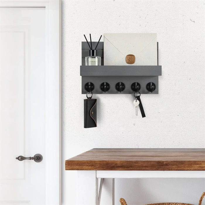 Wall-mounted Key and Mail Shelf with 5 Hooks - Wooden Entryway Rack
