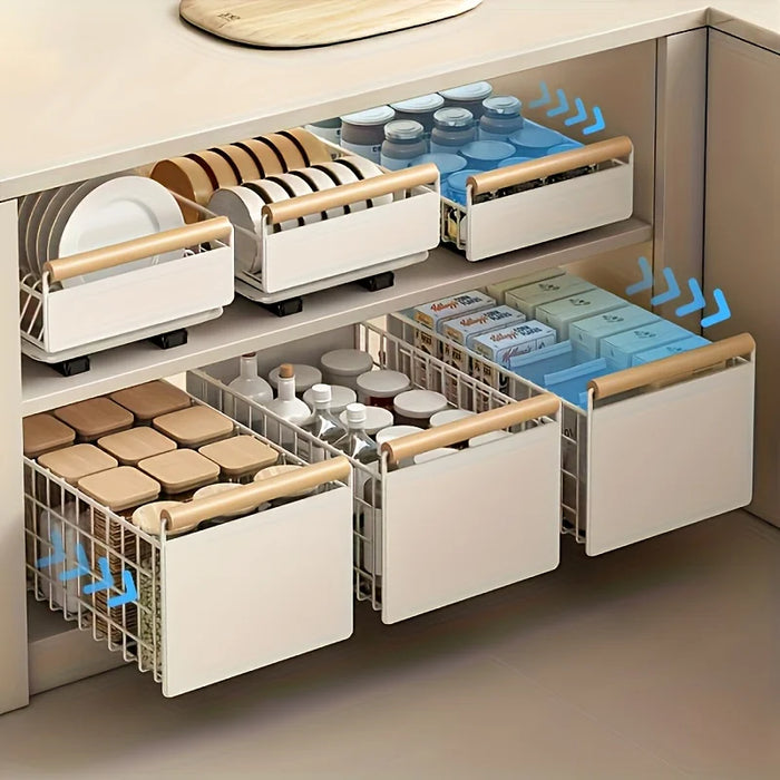 Space-Saving Pull-Out Kitchen Organiser — Plate, Bowl & Spice Rack