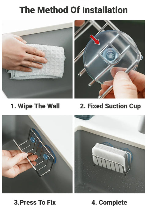 Stainless Steel Suction Cup Sponge Holder — Sink Caddy (Grey Silver / Black)