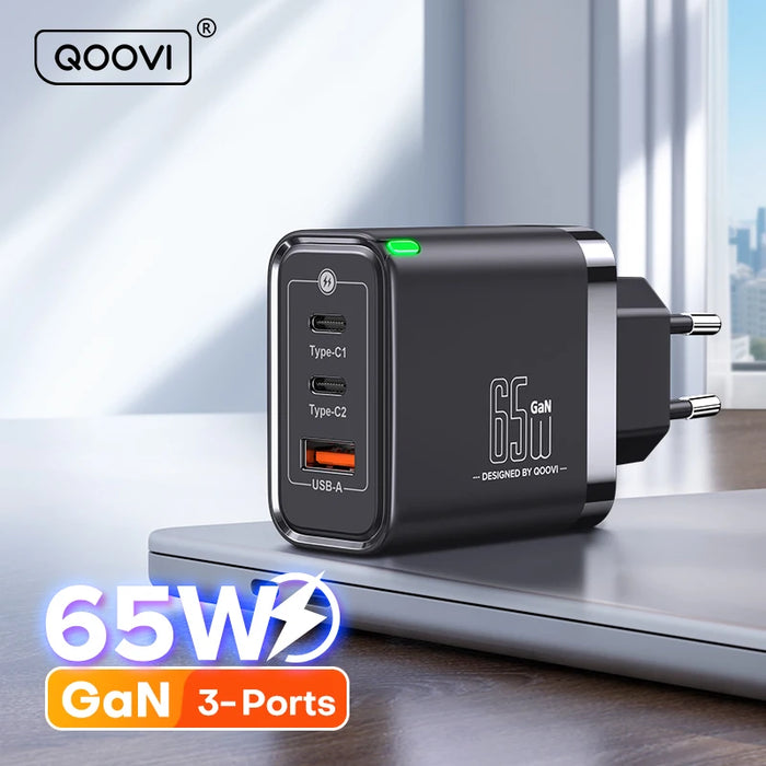 QOOVI 65W GaN 3‑Port Charger – USB‑C PD & Quick Charge 4.0, 2x USB‑C + USB‑A