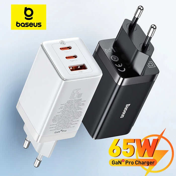 Baseus GaN5 Pro 65W Fast Charger – 3‑Port USB‑C PD & QC with 1m 100W Cable