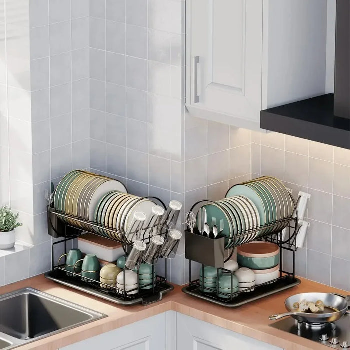 2-Tier Dish Drying Rack with Drip Tray, Cup & Utensil Holders