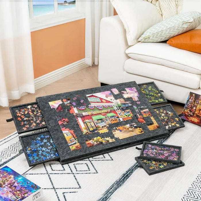 7-Piece Decorative Puzzle Board with 6-Drawer Felt Storage for 1000-Piece Puzzles