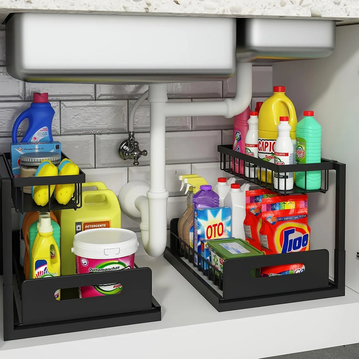 Under-Sink Pull-Out Organiser — 2-Tier Slide-Out Metal Shelf (White or Black)