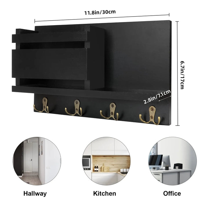 Wooden Wall-Mounted Key & Mail Organiser — Rustic Letter Sorter with 4 Key Hooks
