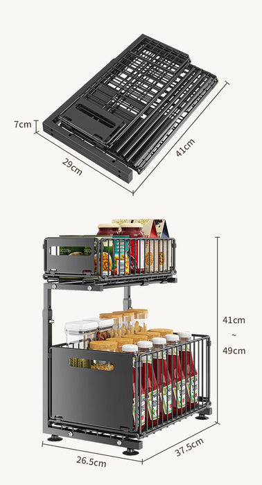 2-Tier Under-Sink Pull-Out Organiser — Adjustable Height Thickened Metal Sliding Drawers (Black or White)
