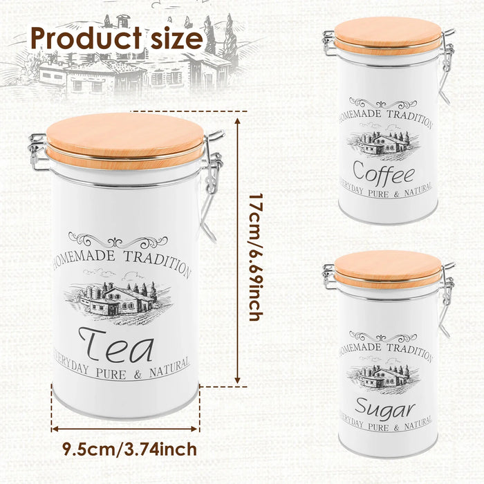 3‑Piece Metal Tea, Coffee & Sugar Canister Set with Bamboo Lids