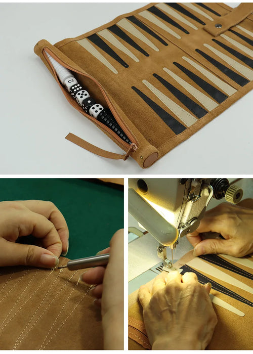 Portable Roll-Up Chess & Backgammon Set with Suede Case and Black & White Pieces