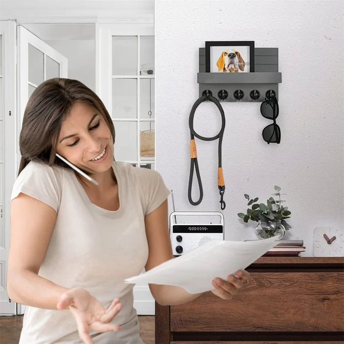 Wall-mounted Wooden Key and Mail Shelf with 5 Hooks