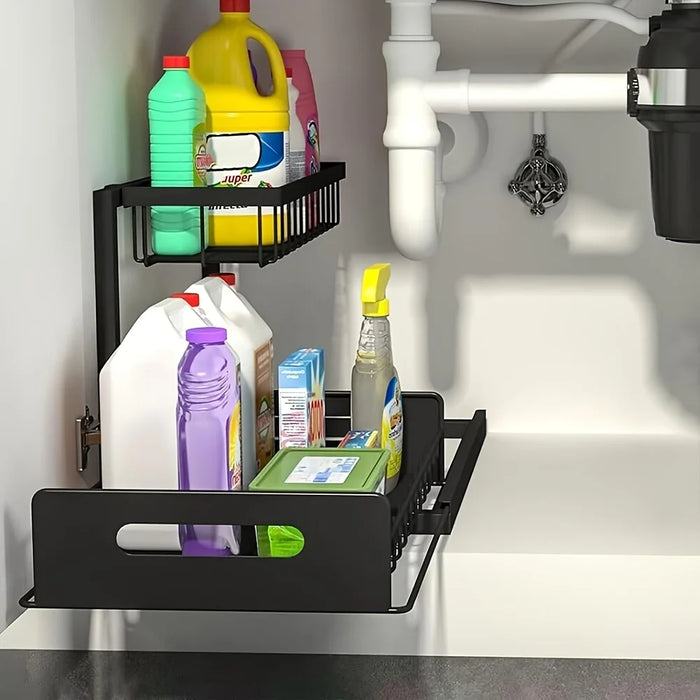Under-sink Pull-out Metal Organiser — Sliding Storage Shelf for Kitchen (Black/White)