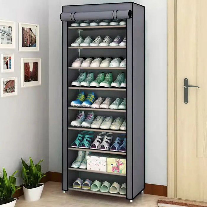 Multi-Tier Shoe Cabinet with Dust-Proof Rolling Shutter — 6/8/10 Tiers, Space-Saving