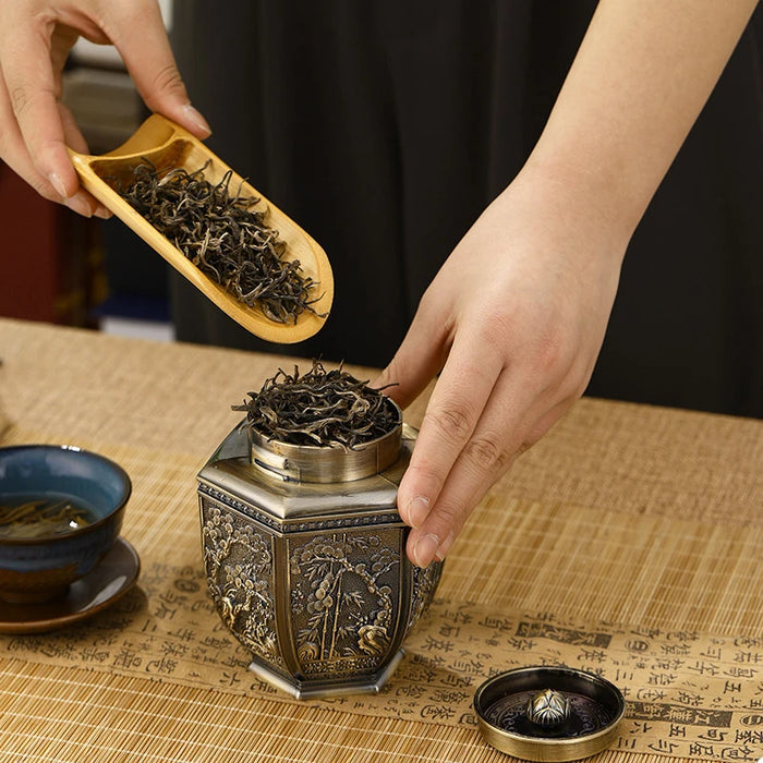 Metal Tea Caddy – Large Bronze Storage Can for Tea, Coffee & Sugar (15x6cm)