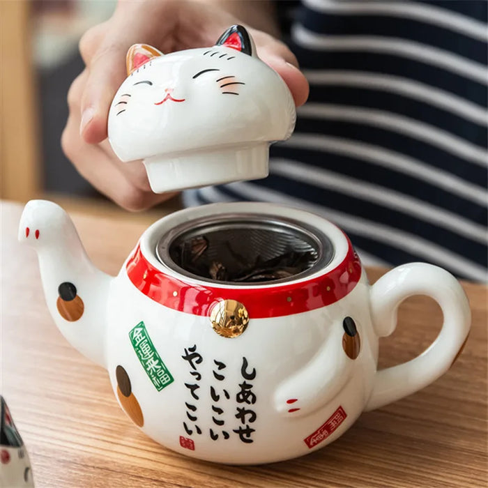 Japanese-style Maneki Neko Porcelain Tea Set with Strainer