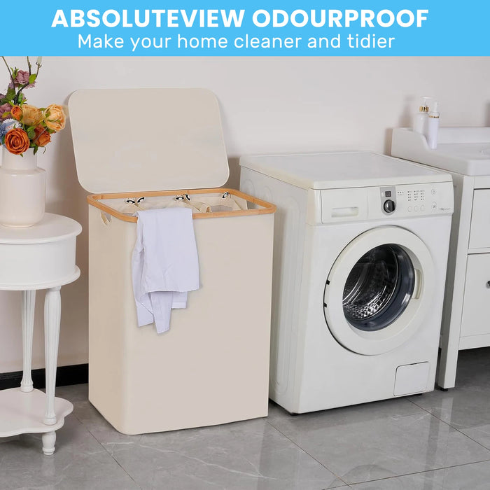 Slim Laundry Hamper — 100L or 160L Bamboo Basket with Removable Washable Bag & Handles