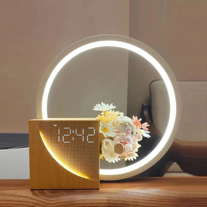 Touch Alarm Clock Night Light — 3-Level Dimmable Table Lamp with White Noise (Wood Colour)