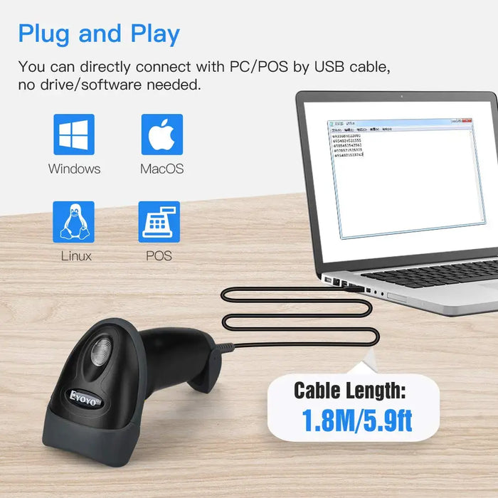 Eyoyo EY-H2 Handheld 2D USB Barcode Scanner — Wired QR, PDF417 & DataMatrix Reader for POS and Inventory